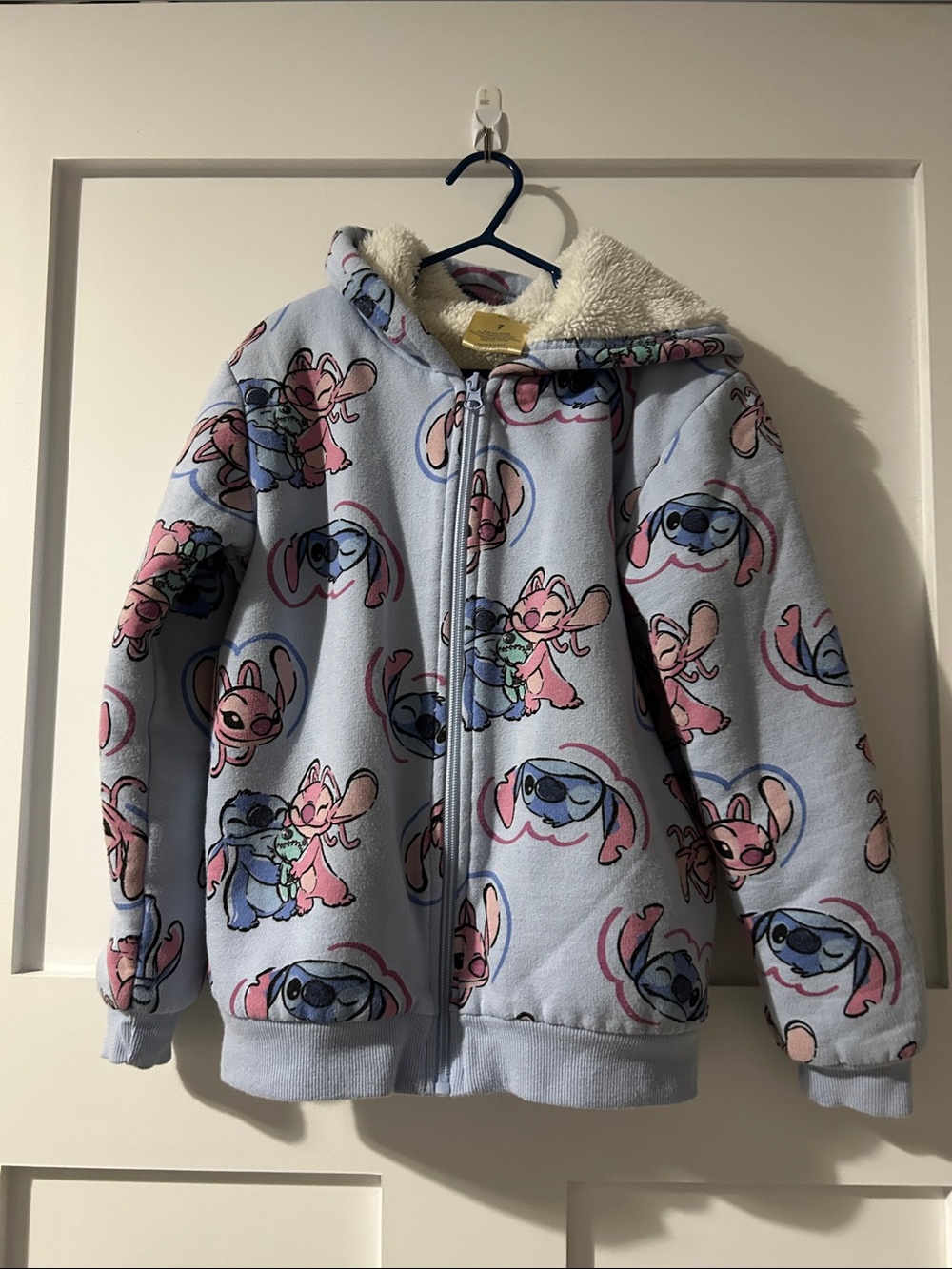 Girls Disney Light Blue Sherpa Lined Zip up Hoodie with Stitch & Angel Print